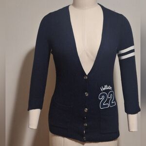 Hollister Navy and Cream Label varsity style cardigan
